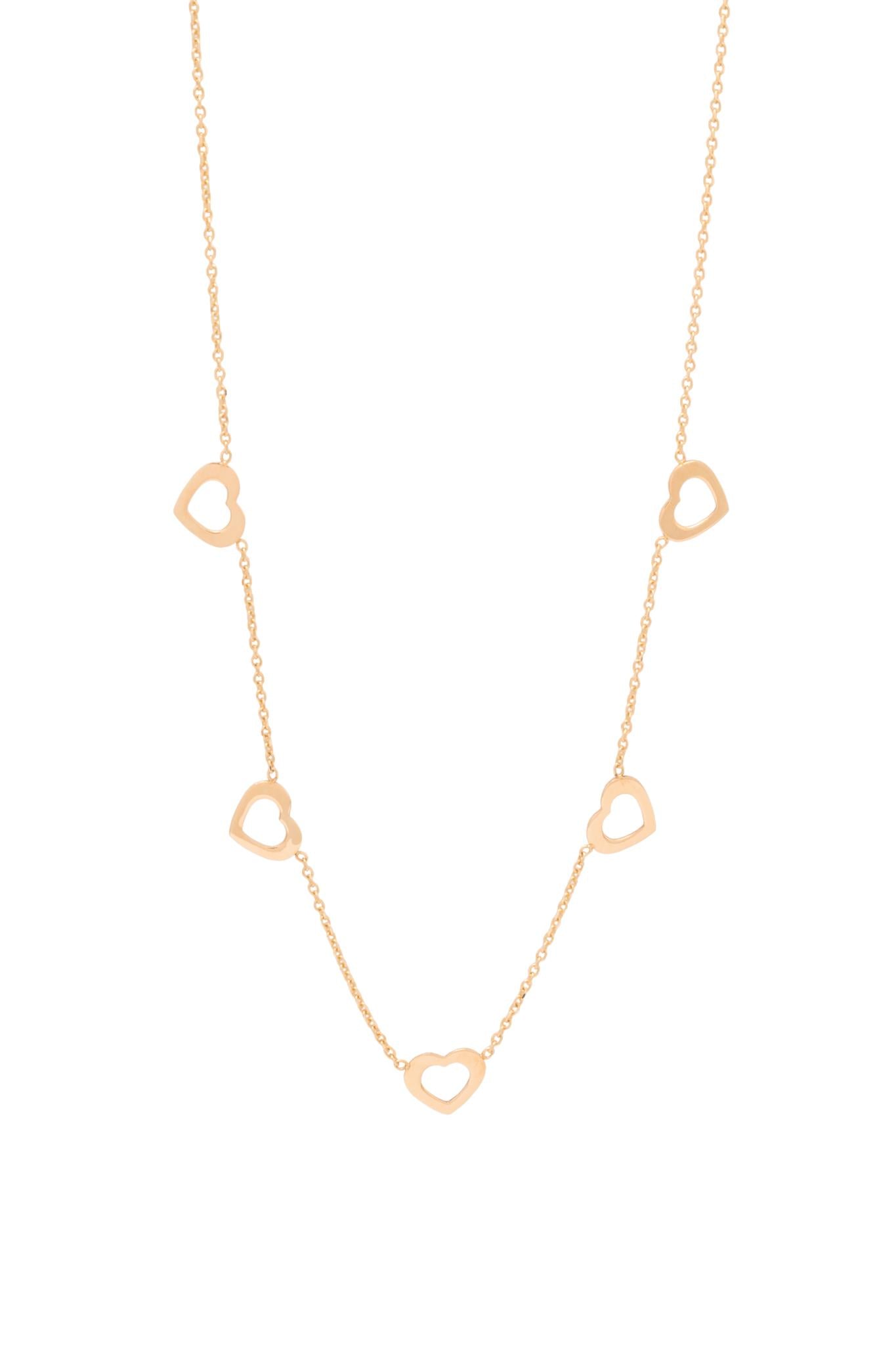 Gargantilla de oro sólido en 10 kilates con dijes de corazones contorno hueco..png