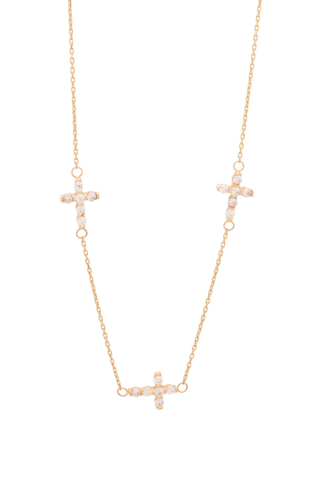 Gargantilla de oro sólido en 10 kilates con tres cruces de zirconia en horizontal..png