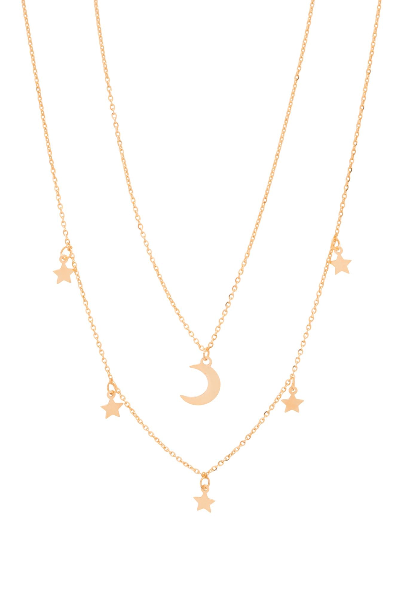 Gargantilla de oro sólido en 10 kilates con un estilo doble cadena con dijes en la cadeja corta una luna lisa y en la larga estrellas .png