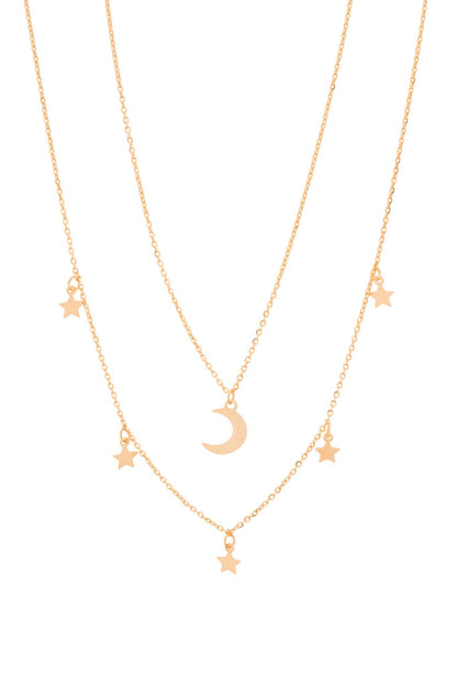 Gargantilla de oro sólido en 10 kilates con un estilo doble cadena con dijes en la cadeja corta una luna lisa y en la larga estrellas .png