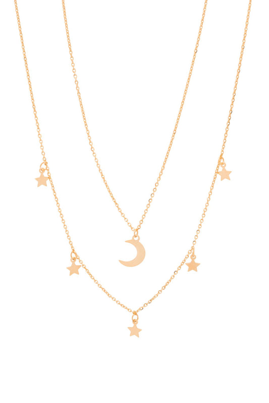 Gargantilla de oro sólido en 10 kilates con un estilo doble cadena con dijes en la cadeja corta una luna lisa y en la larga estrellas .png