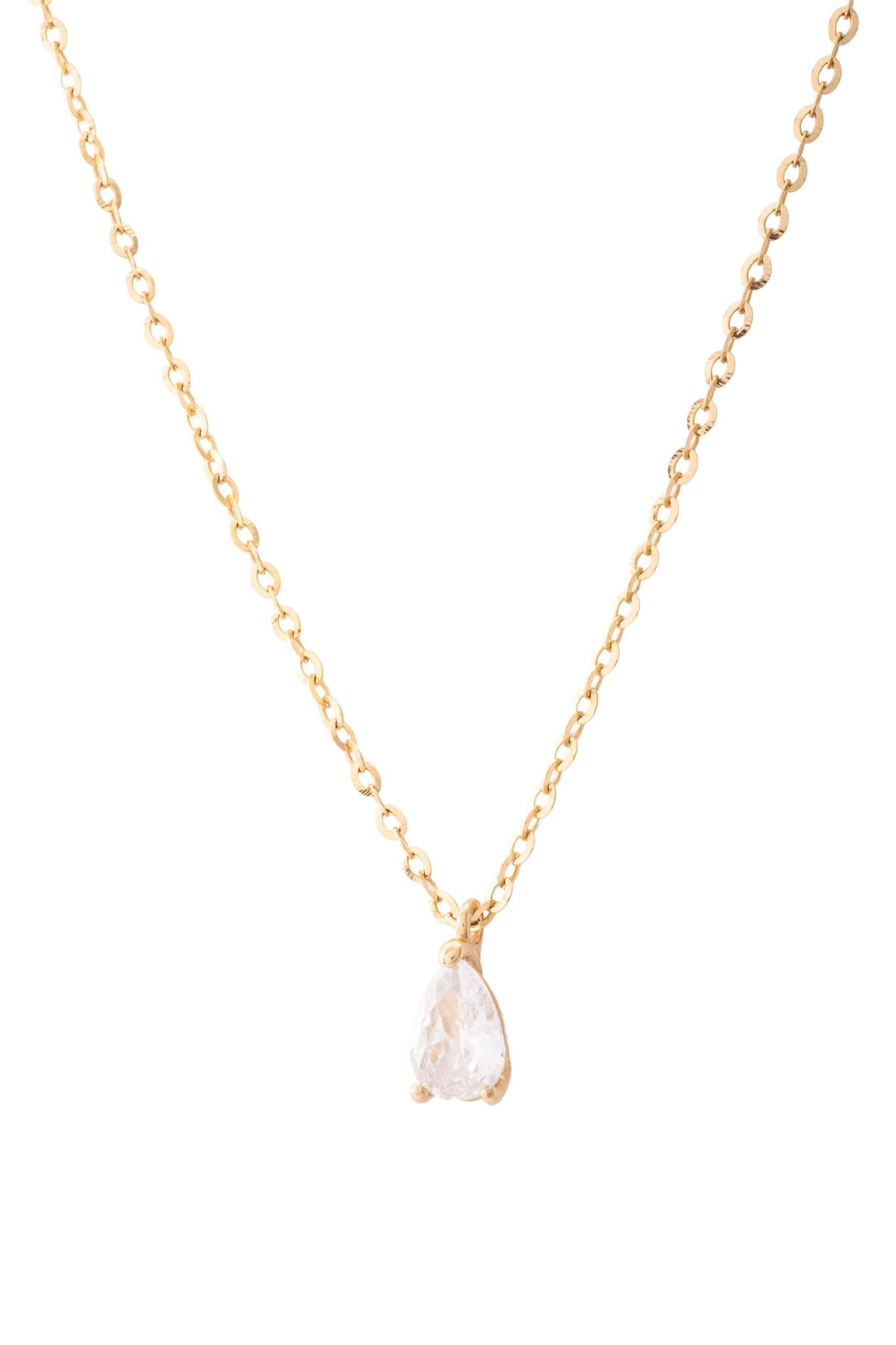 Gargantilla de oro solido en 10 kilates con una zirconia en el centro solitaria blanca en forma de gota.png