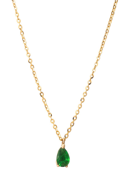 Gargantilla de oro solido en 10 kilates con una zirconia en el centro solitaria verde en forma de gota.png