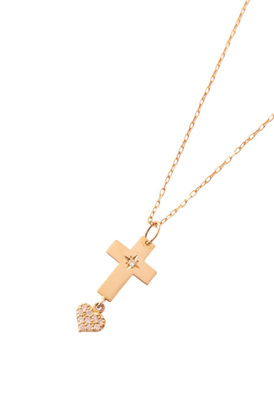 Gargantilla de oro sólido en 14 kilates con dije de cruz con destello de diamante y dije de corazón de diamantes de 0.047 cts..png
