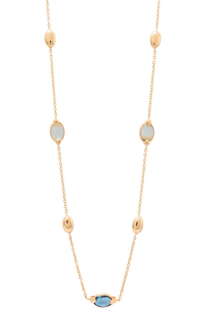 Gargantilla de oro sólido en 14 kilates con dijes de ilolita, aguamarina ovaladas y semillas lisas de oro amarillo..png