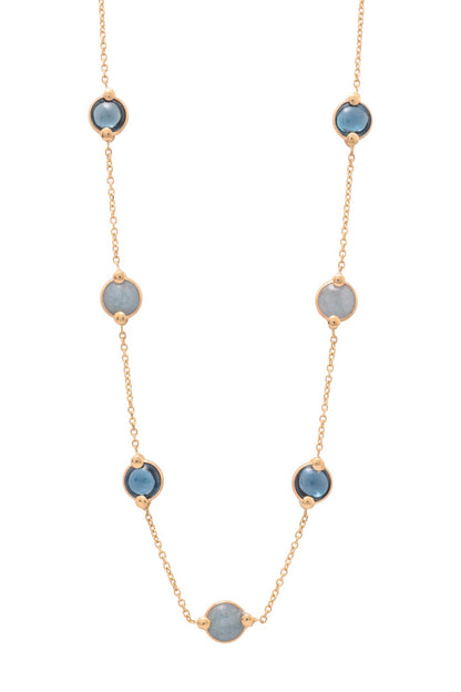 Gargantilla de oro sólido en 14 kilates con dijes de ilolita y aguamarina circulares biseladas en oro..png