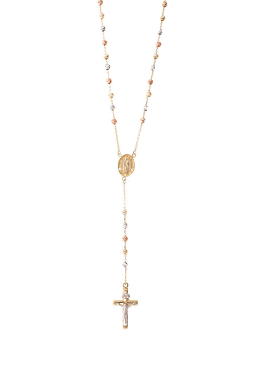 Gargantilla rosario de oro solido en 10 kilates con bolitas de oro florentino grande estilo diamantado con una virgen en el centro con relieve y una cruz con un cristo en oro blanco.png