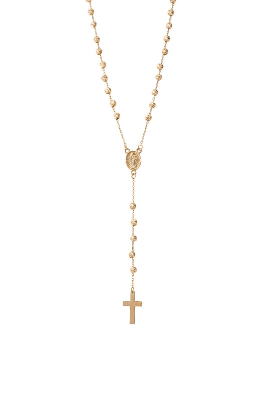 Gargantilla rosario de oro solido en 10 kilates con bolitas doradas diamantadas medianas con una virgen en medio y una cruz al final lisa.png