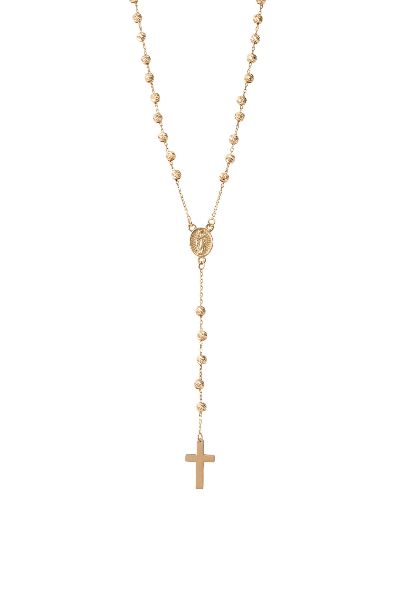 Gargantilla rosario de oro solido en 10 kilates con bolitas doradas estilo diamantado tamaño grande con un virgen en el centro y una cruz estilo globo con un cristo dorado.png