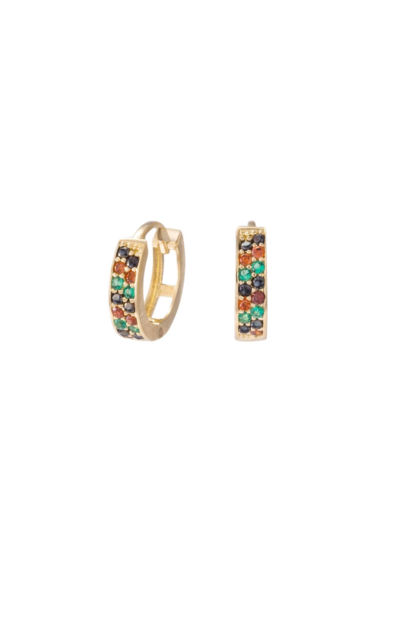 Huggie de oro sólido en 10 kilates con doble fila de zirconias naranjas, verdes y negras..png