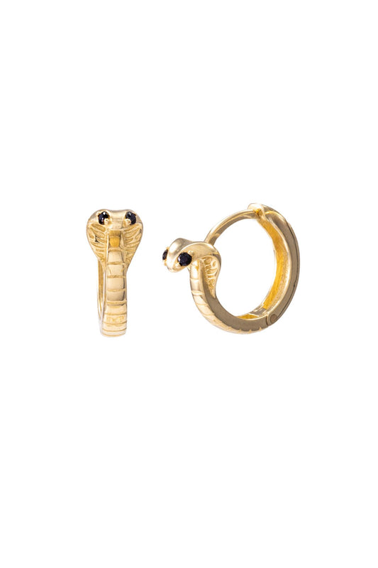 Huggie de oro solido en 10 kilates con forma de vibora y los ojos de piedra negra.png