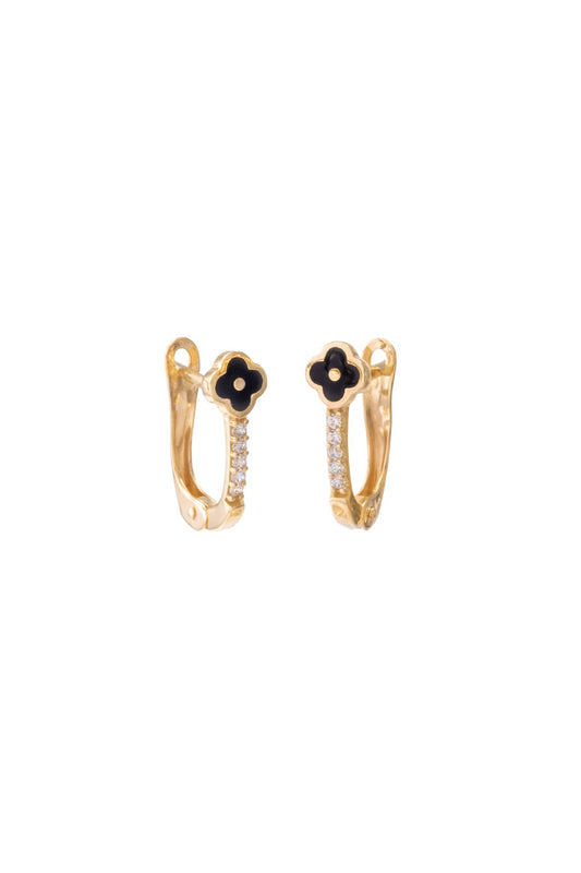 Huggie de oro solido en 10 kilates con un estilo de V con zirconia y una flor negra .png