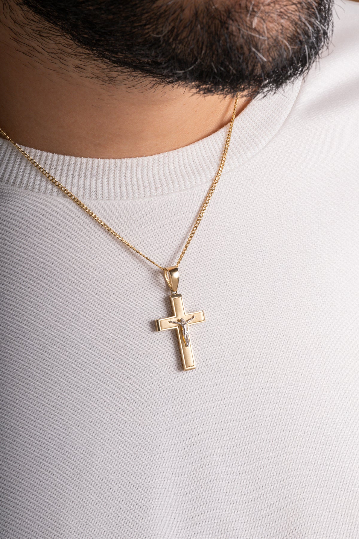 Dije 10 kilates cruz fondo mate y Cristo 3D oro blanco.