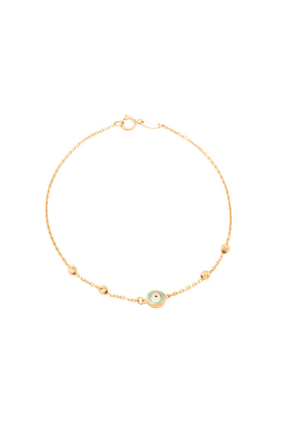 Pulsera 10 kilates 4 bolitas sencillas diamantadas y un ojo turco esmaltado..png