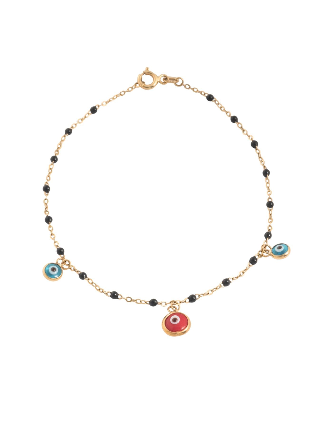 Pulsera 10 kilates bolitas esmaltadas negras y dijes ojos azules y rojo.png