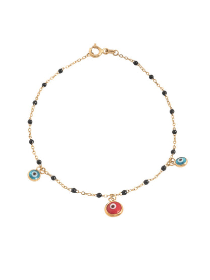 Pulsera 10 kilates bolitas esmaltadas negras y dijes ojos azules y rojo.png