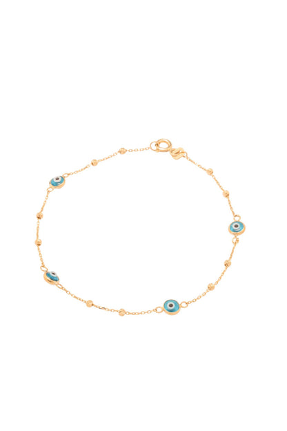 Pulsera 10 kilates bolitas estilo diamantado y ojos turcos azules..png