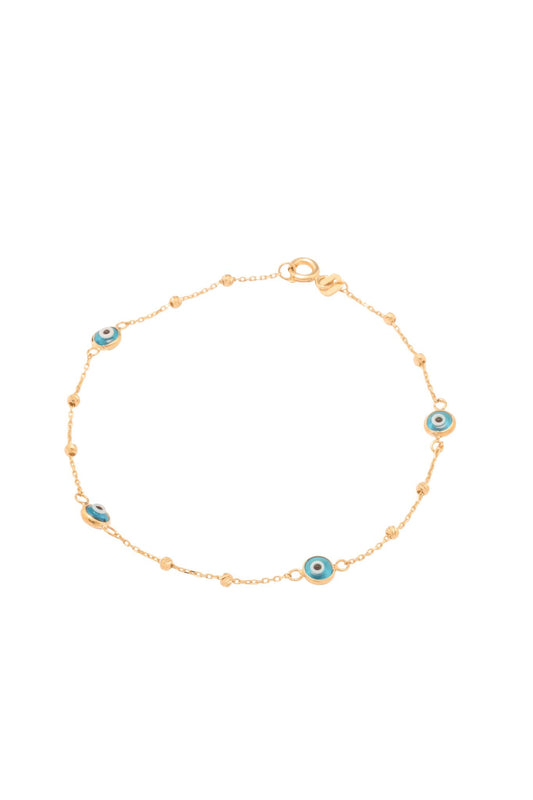 Pulsera 10 kilates bolitas estilo diamantado y ojos turcos azules..png