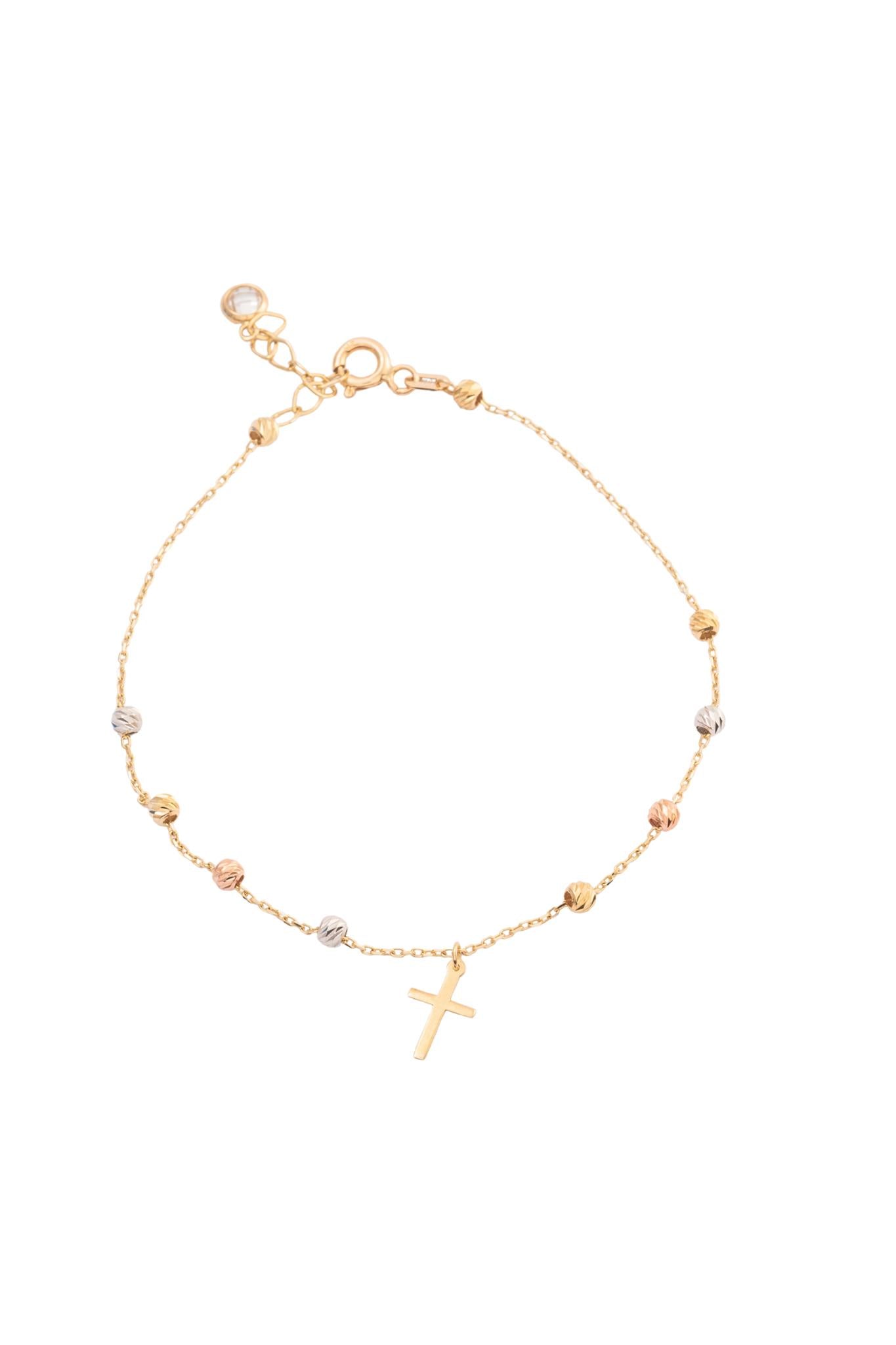 Pulsera 10 kilates con bolitas diamantadas en oro florentino y dije cruz lisa mini..png