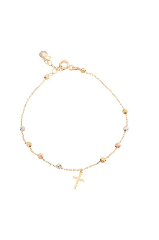 Pulsera 10 kilates con bolitas diamantadas en oro florentino y dije cruz lisa mini..png