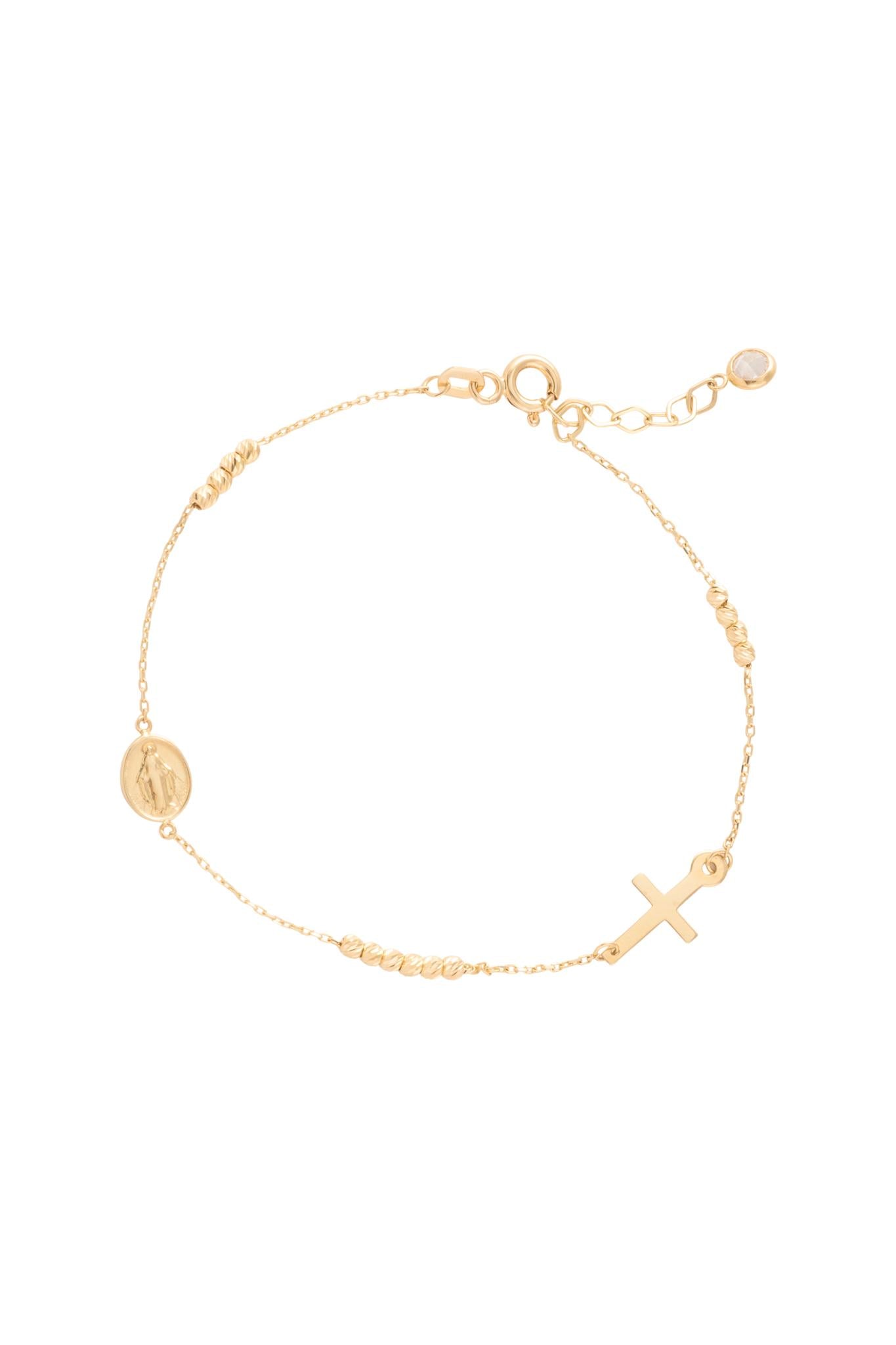 Pulsera 10 kilates con dije de cruz, medalla y bolitas diamantadas..png