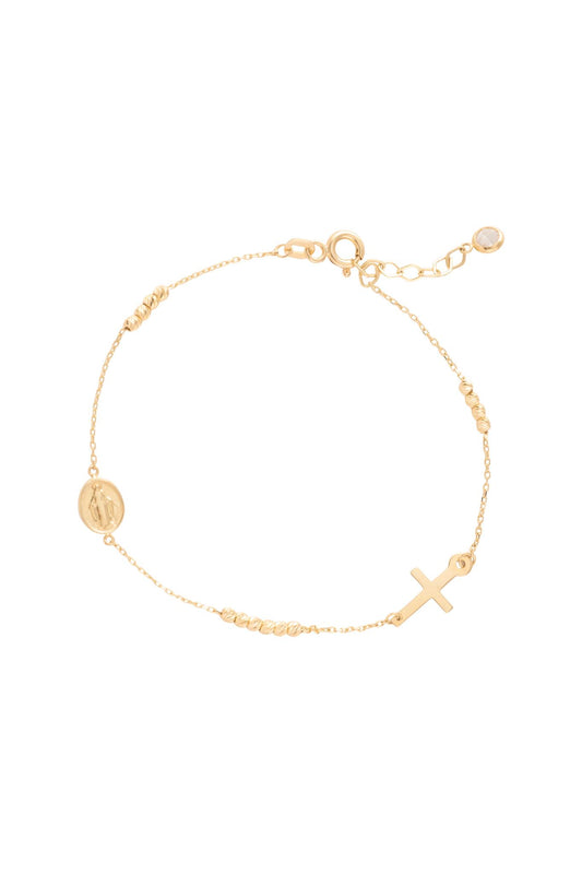 Pulsera 10 kilates con dije de cruz, medalla y bolitas diamantadas..png