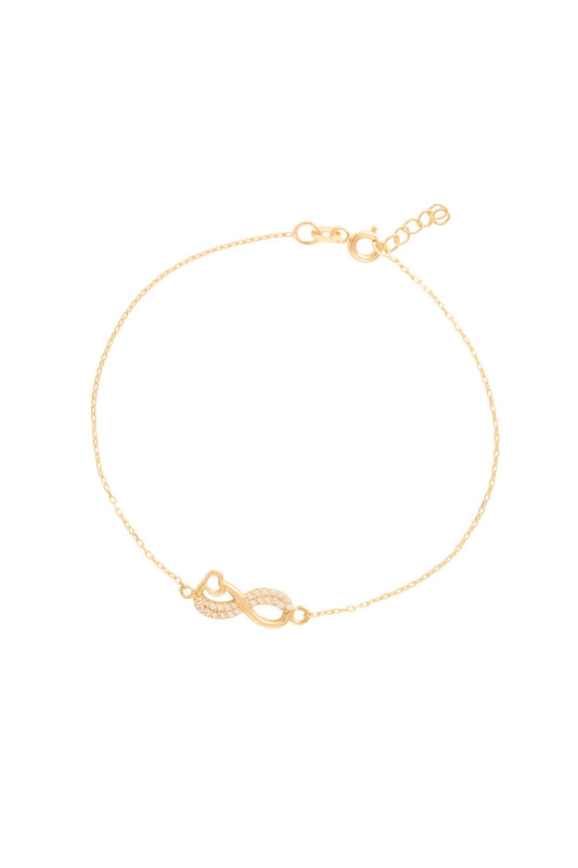 Pulsera 10 kilates con dije de infinito mitad liso, mitad zirconias y corazón enlazado..png