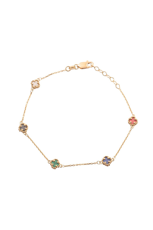 Pulsera 10 kilates con flores minis de cuatro pétalos multicolor..png