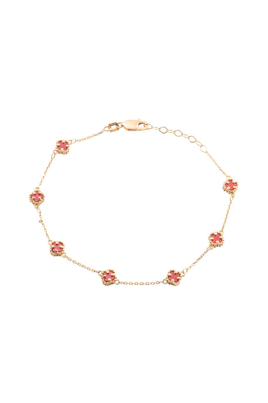 Pulsera 10 kilates con flores minis de cuatro pétalos rojos..png