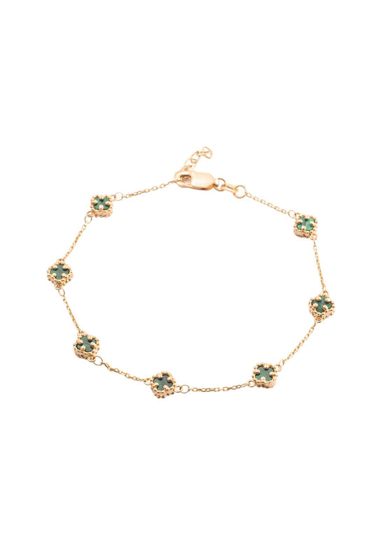 Pulsera 10 kilates con flores minis de cuatro pétalos verdes..png