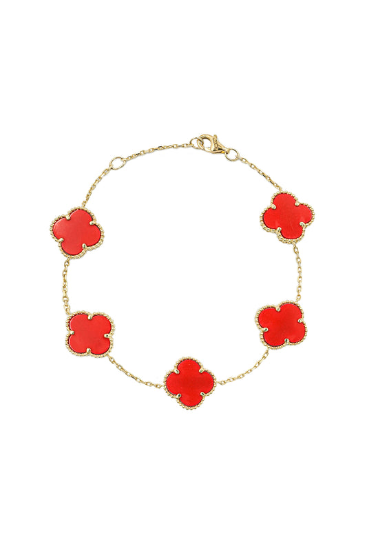 Pulsera 10 kilates dijes flor de cuatro pétalos rojas grandes ..png
