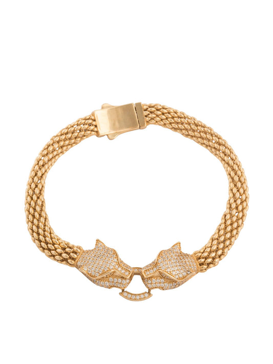 Pulsera 10 kilates eslabon tejido de víbora de bolitas y dos panteras encontradas de zirconias.png