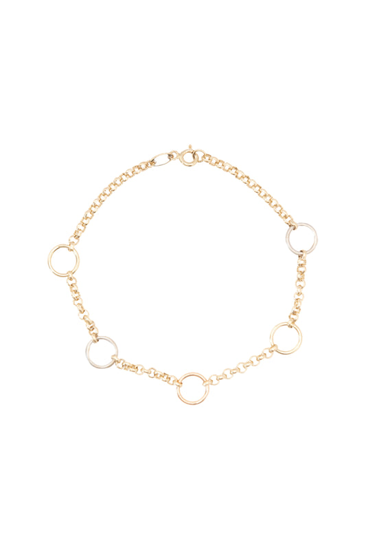 Pulsera 10 kilates eslabones de aros circulares y dijes de aros circulares grandes en oro florentino..png