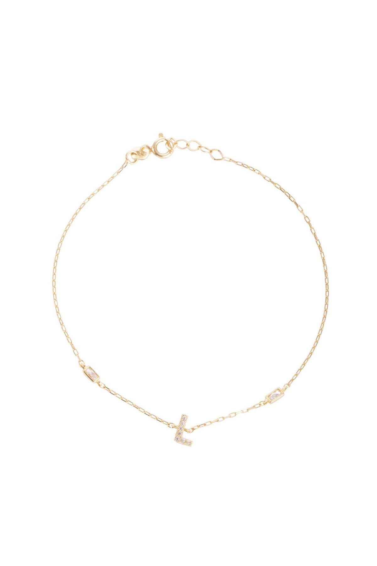 Pulsera 10 kilates, inicial "L" de zirconias y laterales con dos zirconias rectangulares biseladas..png