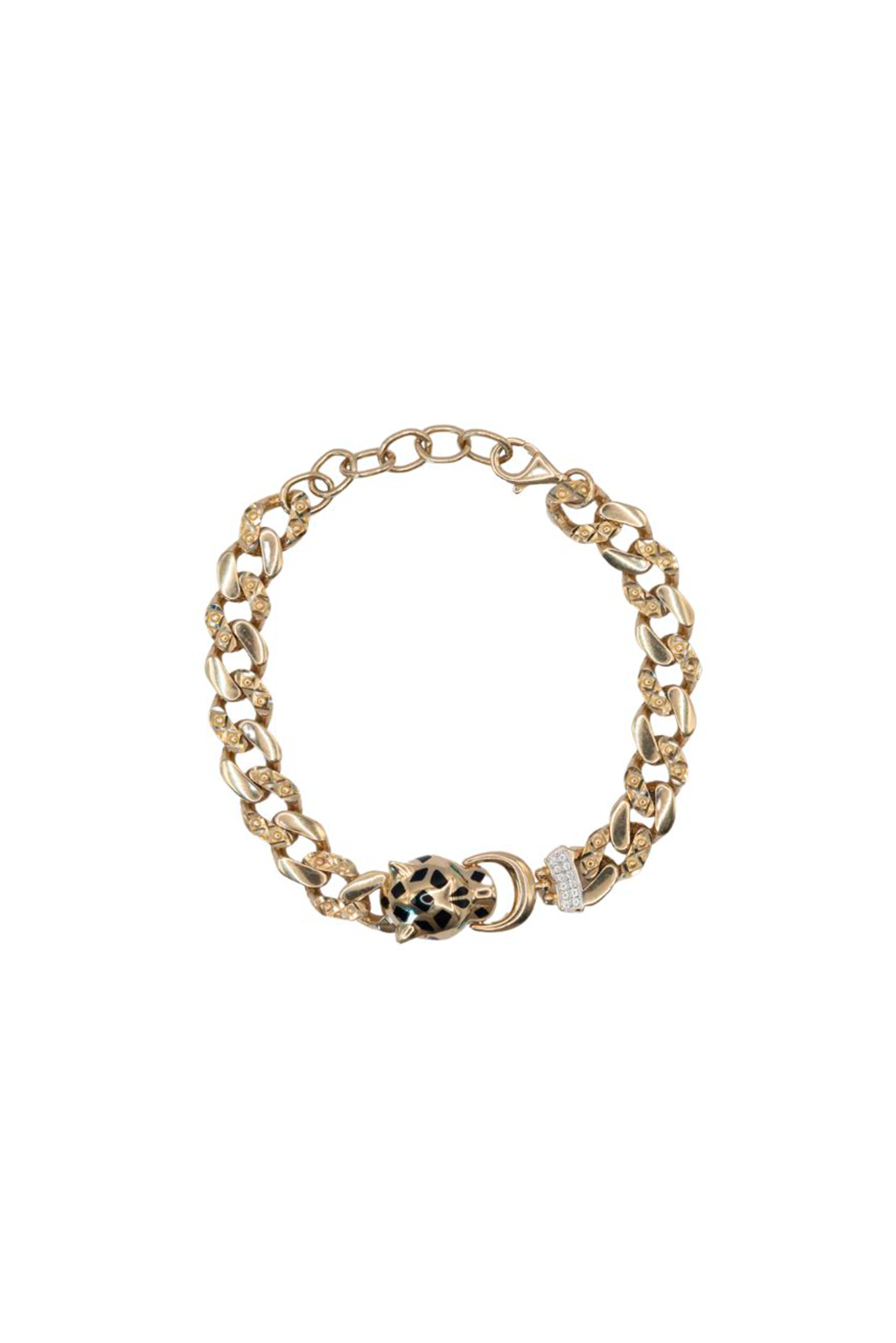 Pulsera 14 kilates con centro cabeza de pantera con manchas esmaltadas negras y ojos zirconias verdes..png