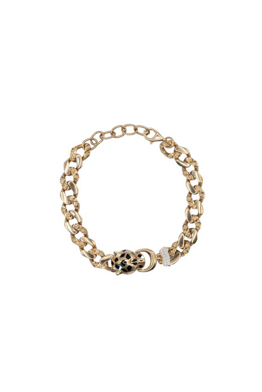 Pulsera 14 kilates con centro cabeza de pantera con manchas esmaltadas negras y ojos zirconias verdes..png