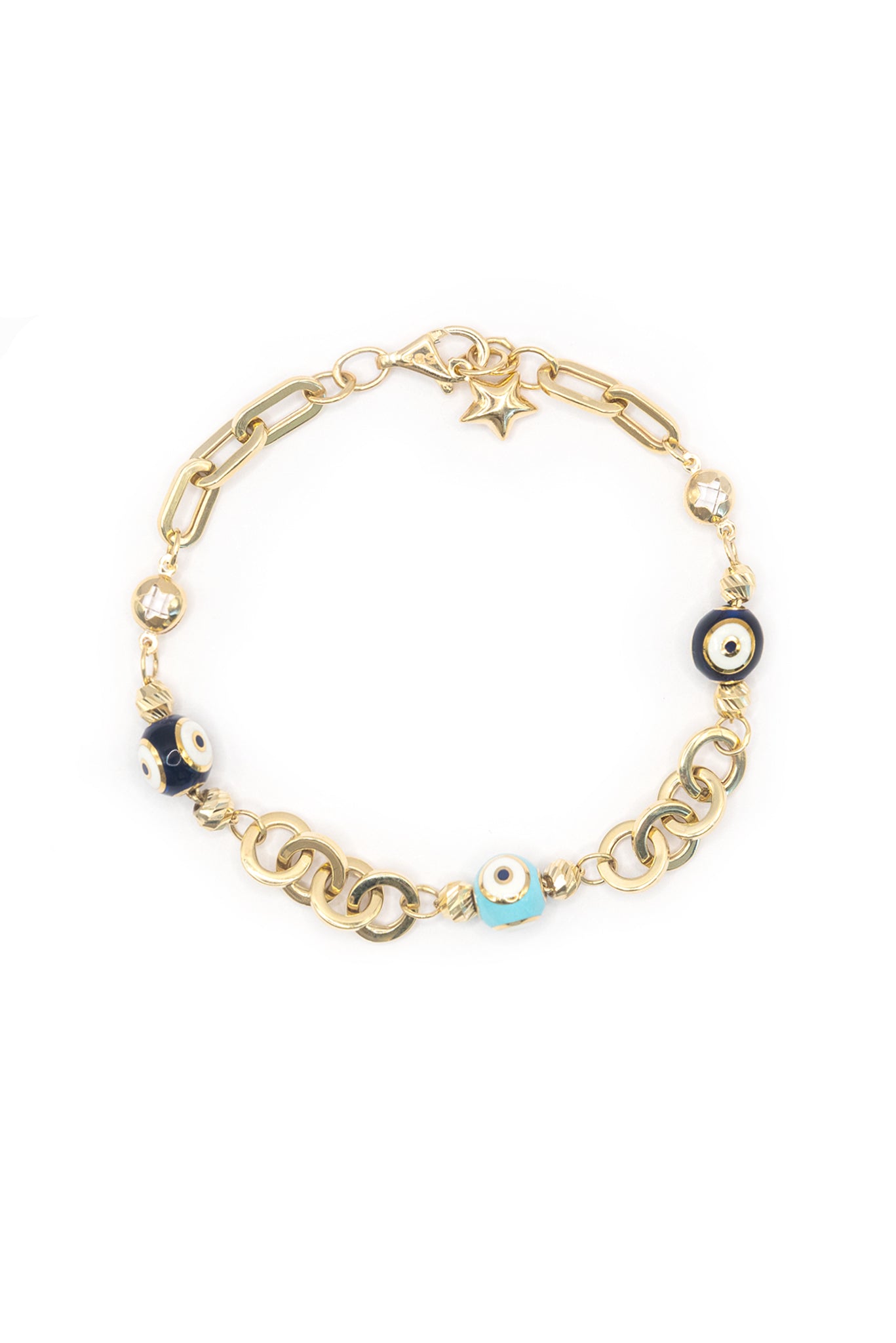 Pulsera 14 kilates con dijes de ojos esféricos esmaltados azul rey y azul cielo..png