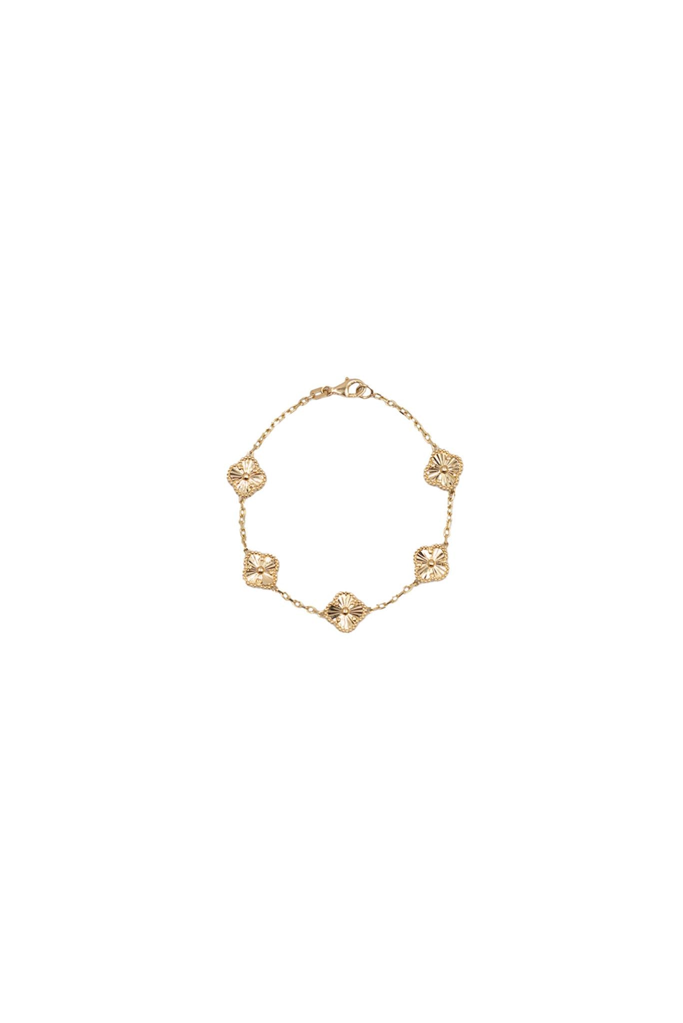 Pulsera de oro de 14 kilates con 5 flores doradas estilo diamantado.png