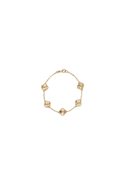 Pulsera de oro de 14 kilates con 5 flores doradas estilo diamantado.png