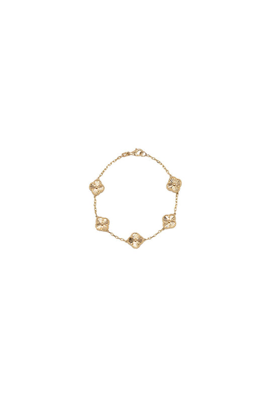 Pulsera de oro de 14 kilates con 5 flores doradas estilo diamantado.png