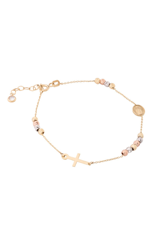 Pulsera de oro sólido en 10 kilates con bolitas diamantadas en oro florentino, dije de medalla y cruz placa lisa..png