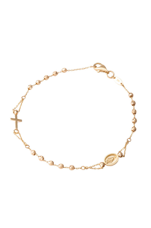 Pulsera de oro sólido en 10 kilates con bolitas diamantadas, medalla y cruz decenario..png