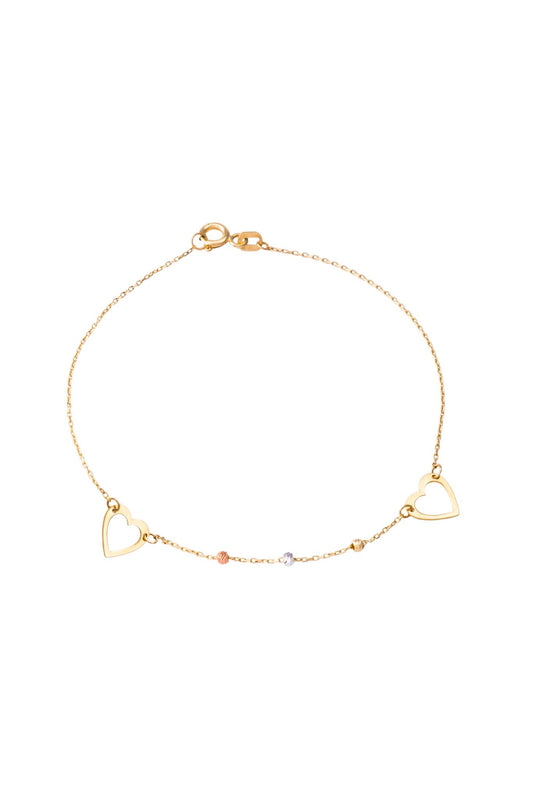 Pulsera de oro sólido en 10 kilates con bolitas diamantadas oro florentino y dijes de corazón hueco..png
