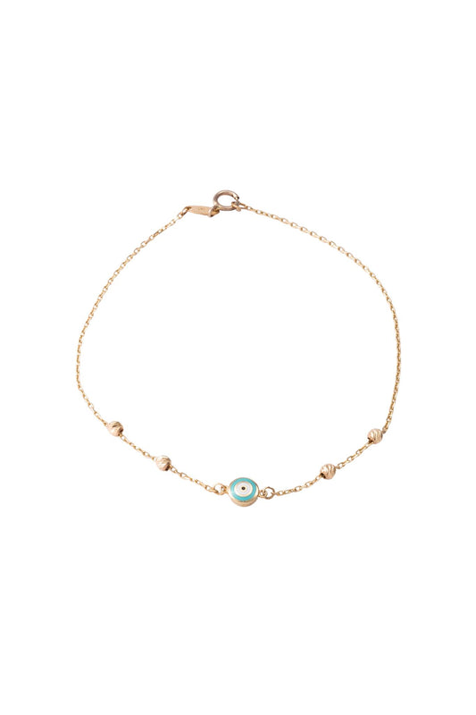 Pulsera de oro sólido en 10 kilates con bolitas diamantadas y ojo circular esmaltado..png
