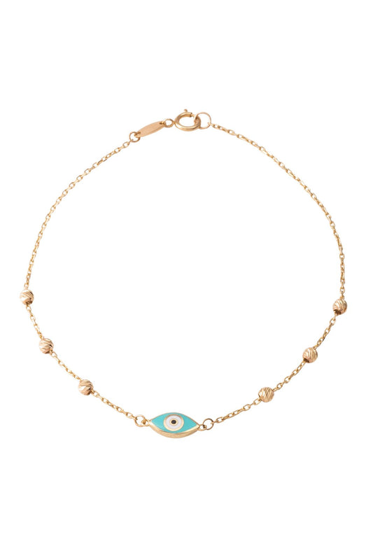 Pulsera de oro  sólido en 10 kilates con bolitas diamantadas y ojo semilla esmaltado azul turquesa..png