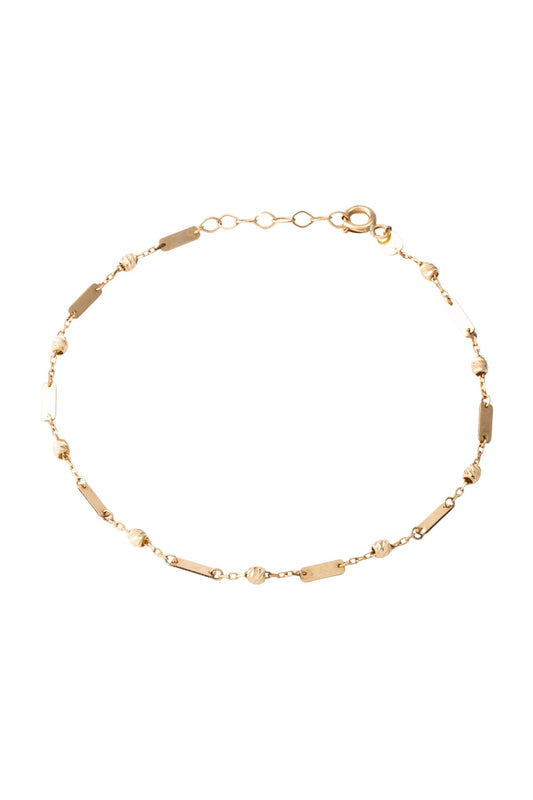 Pulsera de oro sólido en 10 kilates con bolitas diamantadas y placa lisa intercalada..png