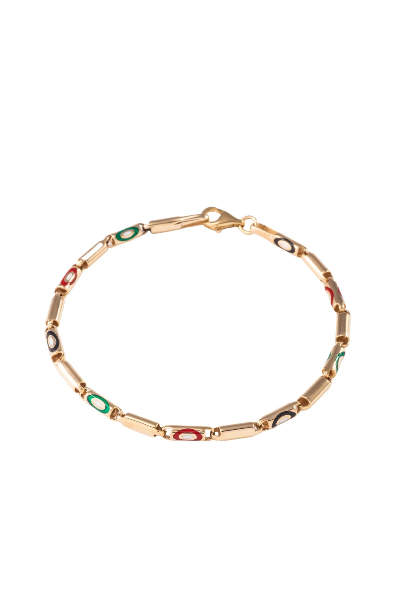 Pulsera de oro sólido en 10 kilates con cilindros lisos y cilindro de ojos esmaltados..png
