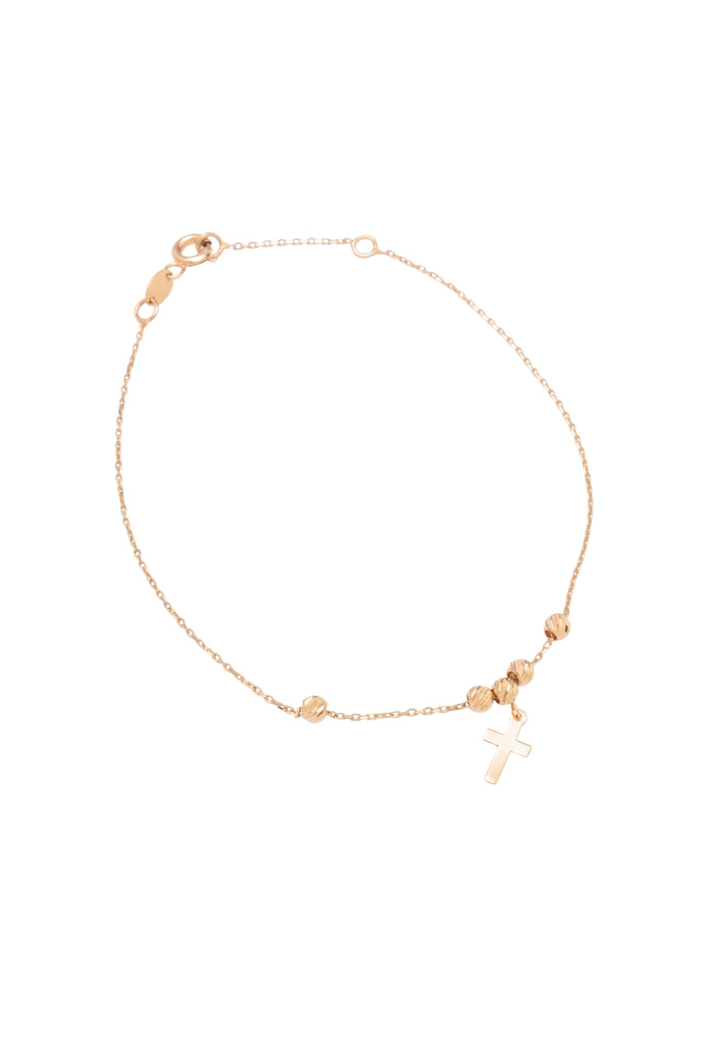 Pulsera de oro sólido en 10 kilates con cinco bolitas de estilo diamantado con un dije de cruz liso .png