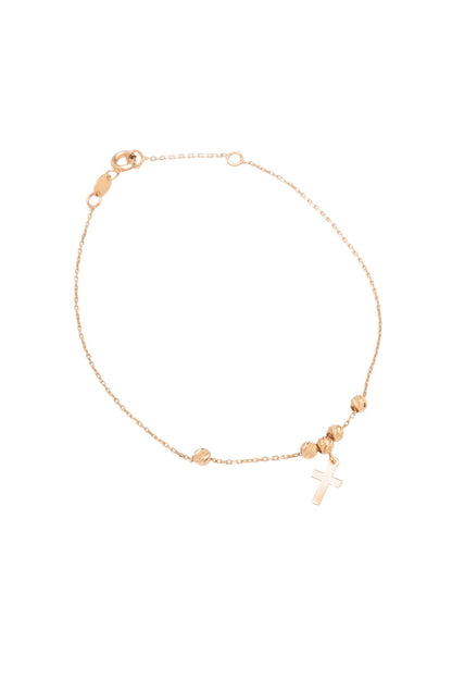 Pulsera de oro sólido en 10 kilates con cinco bolitas de estilo diamantado con un dije de cruz liso .png