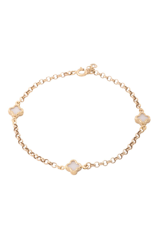 Pulsera de oro sólido en 10 kilates con dijes de flores de cuatro pétalos madre perla y eslabón circular..png